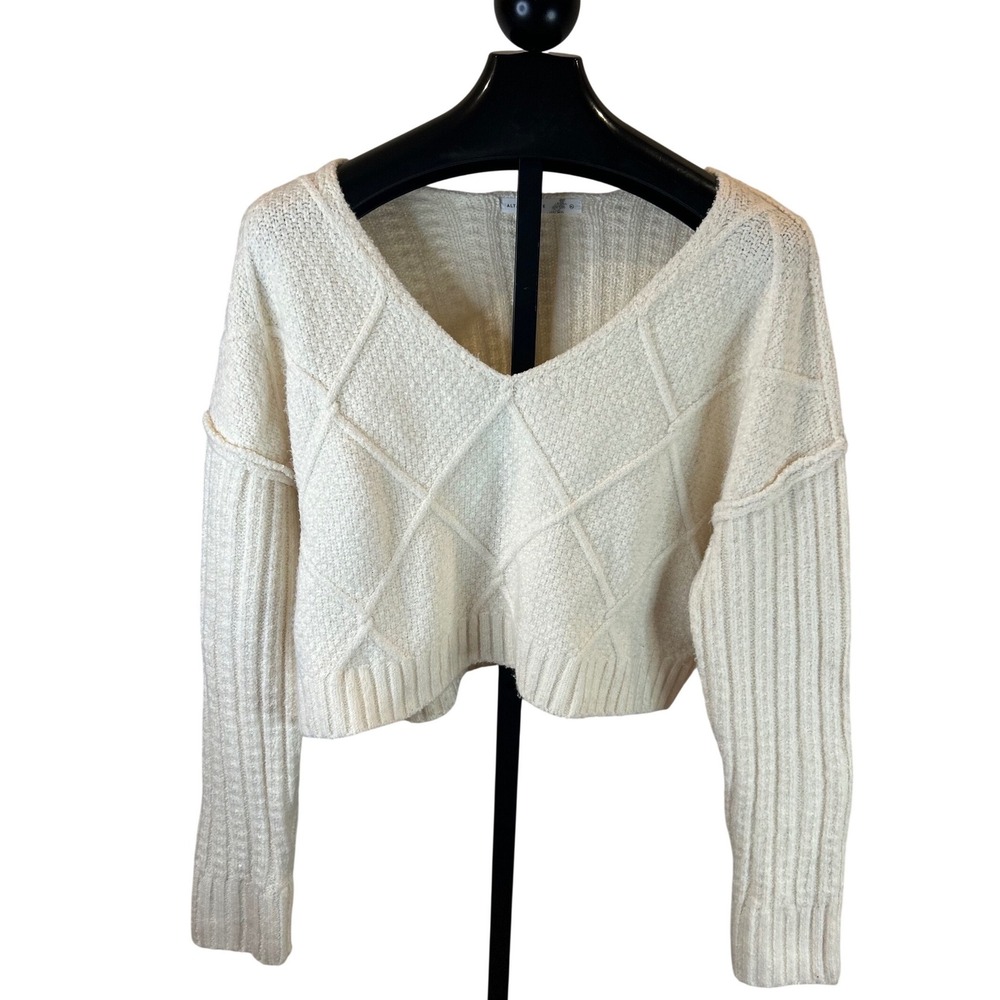 Altar'd State Cream Diamond Textured V-Neck Cropped Sweater Womens XL Ivory Boho